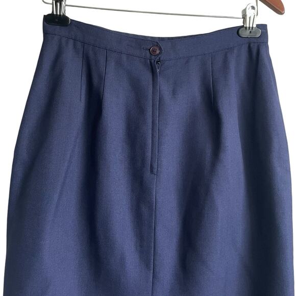 Women Pencil Skirt 10 Navy Midi Length Rayon Linen Pleated Uniform Secretary Y2K - Picture 4 of 10